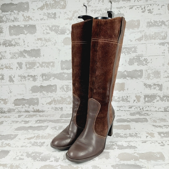 Franco Sarto Tall Brown Leather Suede Block Heel Rounded Toe Boots X230 - Picture 2 of 15